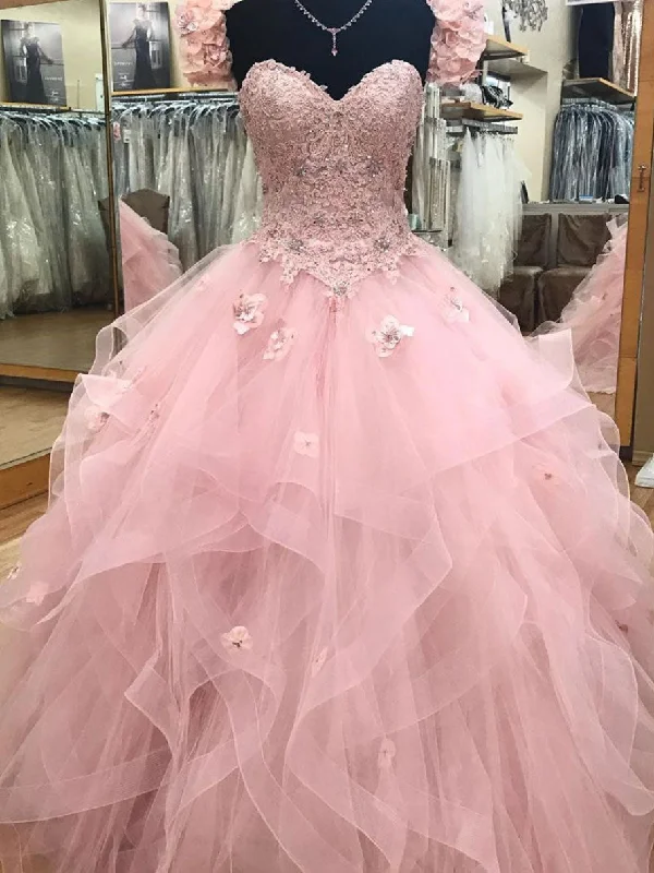 Pink Sweetheart Tulle Long Corset Prom Dress,Ball Gown sweet 16 dresses,Princess Quinceanera Dresses outfit