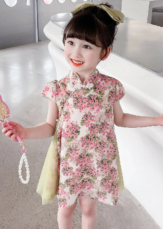 Pink Tulle Patchwork Button Kids Mid Dresses Short Sleeve GF003