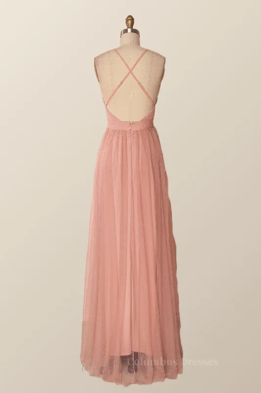 Plunge Pink Tulle A-line Long Formal Dresss