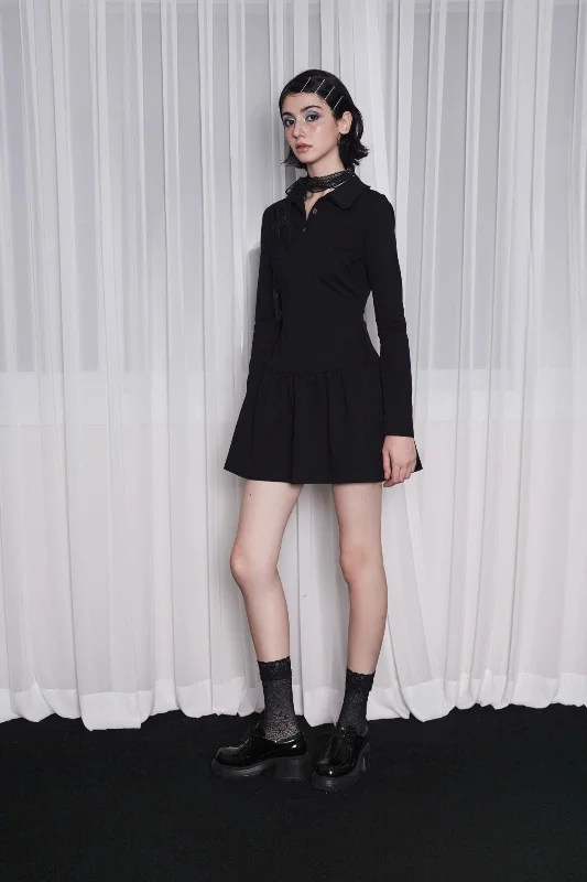 [POPSIZ] FW 24 lace collar button dress-black