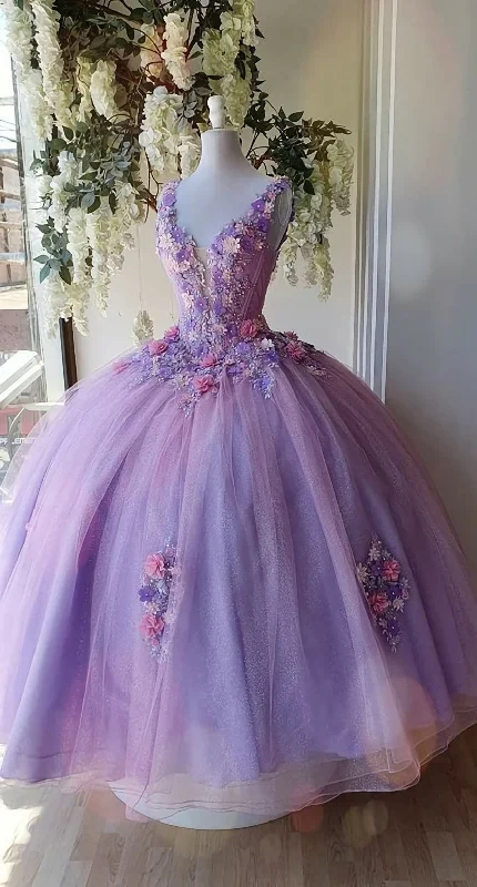 Princess Tulle Long Corset Prom Dress with Flower,Ball Gowns Quinceanera Dresses outfit