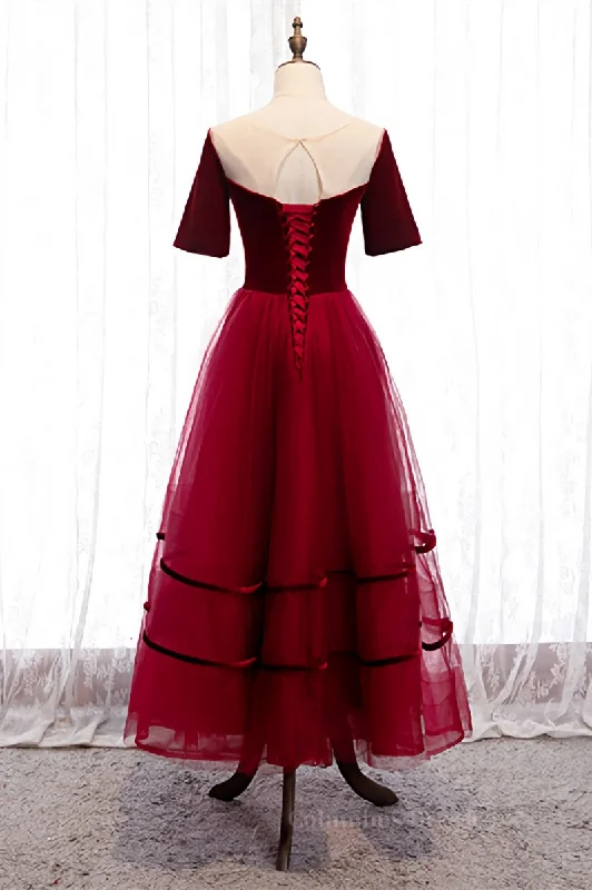 Red Illusion Deep V Neck Sleeves Straps Detail Tulle Ankle Length Formal Dress