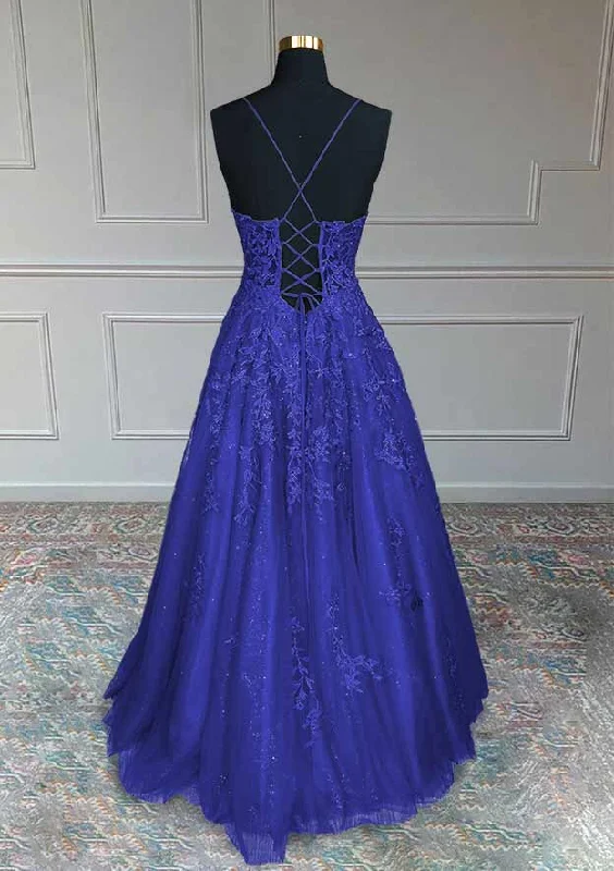 Royal Blue Corset Prom Dresses, A-line V Neck Spaghetti Straps Long/Floor-Length Tulle Corset Prom Dress With Appliqued Beading Glitter outfit