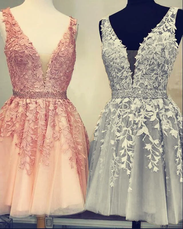 Short V-neck Tulle Corset Prom Corset Homecoming Dresses Lace Embroidery Gowns