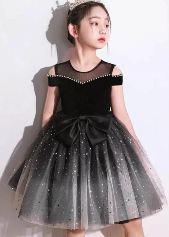 Stylish Black Bow Nail Bead Tulle Kids Holiday Mid Dress Short Sleeve EW006