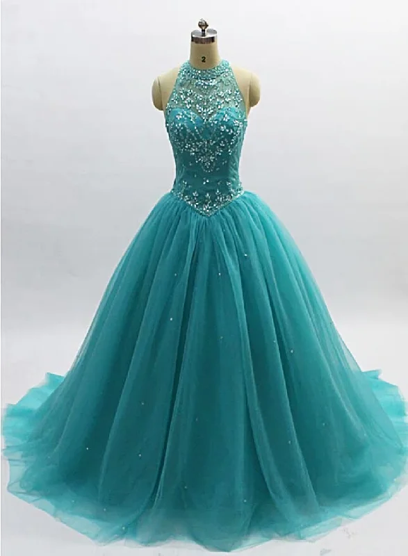 Teal Blue Tulle Beaded Corset Ball Gown High Neckline Sweet 16 Dress, Blue Quinceanera Dresses outfit