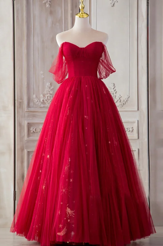 The Red Strapless Tulle Long A-Line Corset Prom Dress is a showstopper. With its off-the-shoulder design and A-line silhouette, it perfectly blends elegance and allure. outfit