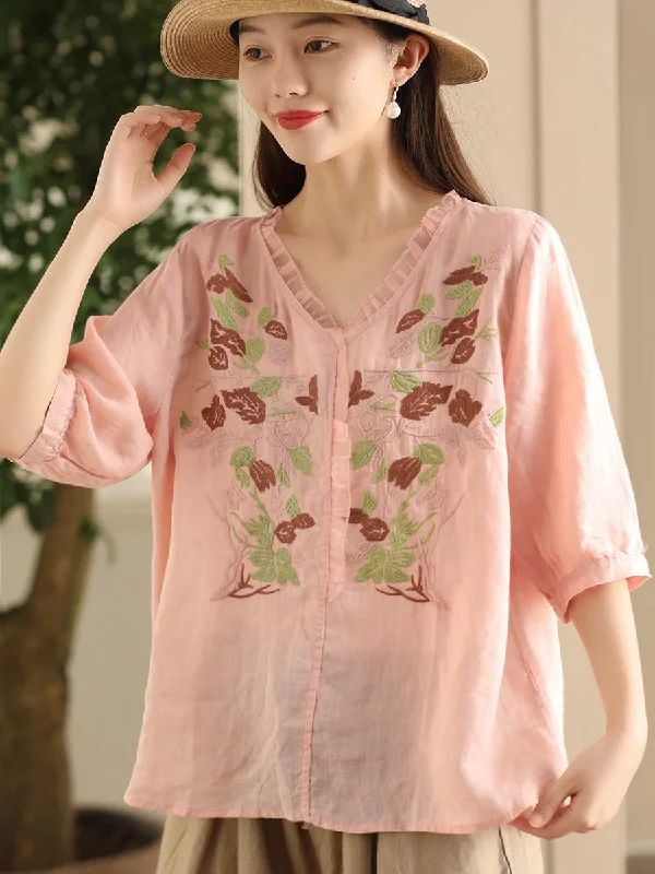 Women Summer Vintage Flower Embroidery Lace Ramie Shirt FD044