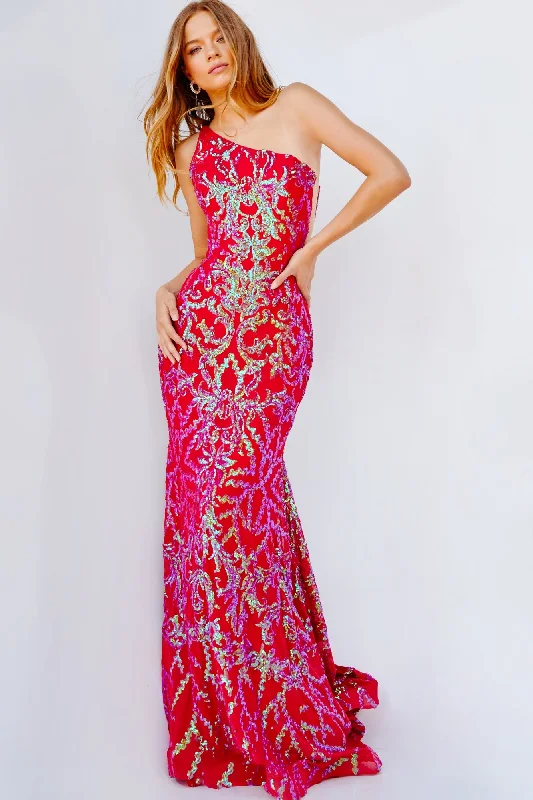 One-Shoulder Jovani Red Sequin Prom Dress 22845