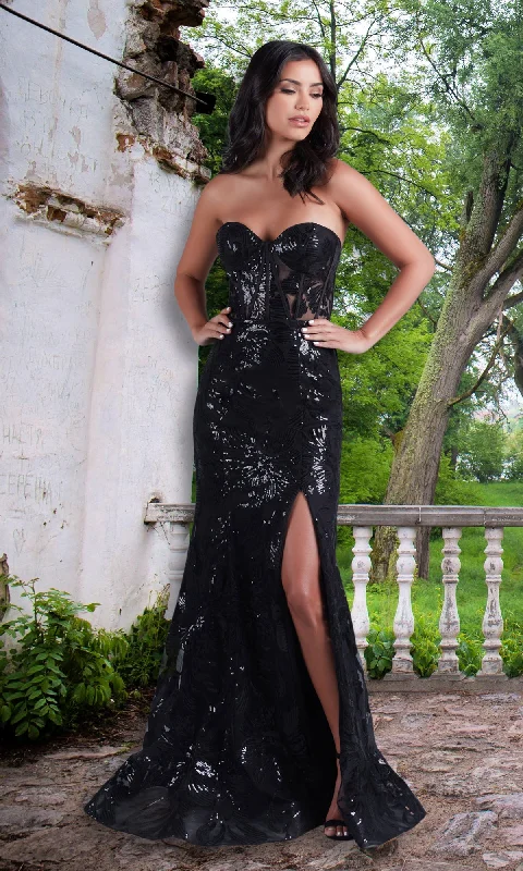 PromGirl Strapless Long Black Sequin Prom Dress