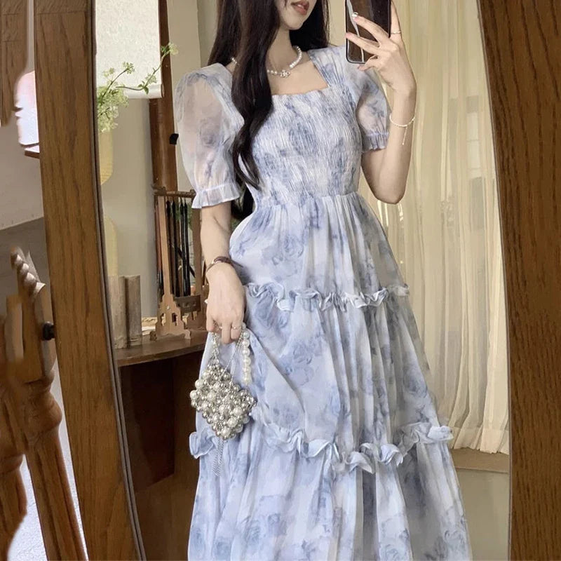 Chicdear French Style Fashion Women Sweet Floral Dress Fashion Tighten The Waist 2024 Spring Summer New Dress Fashion Princess Dress