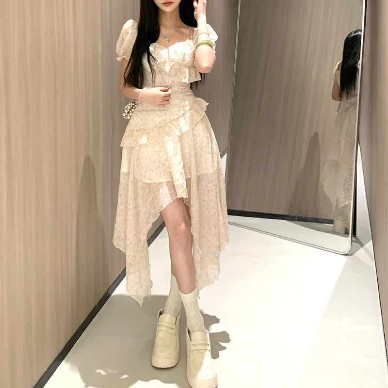 Chicdear French Style Women Fashion Lovely Kawaii Dress Elegant Tighten The Waist 2024 Spring Summer New Dress Vintage Princess Dress