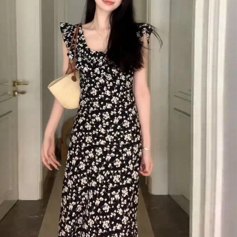 Chicdear Korean Style Hot Girl Floral Kawaii Dress Elegant Tighten The Waist 2024 Spring Summer New Dress Vintage Women Lovely Dress