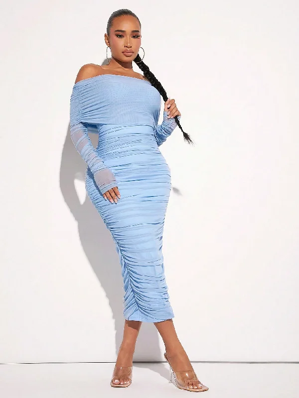 Off Shoulder Ruched Mesh Bodycon Dress