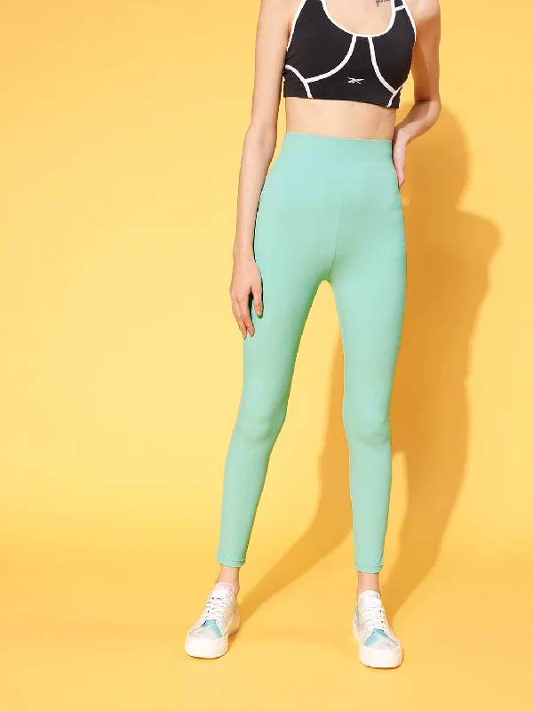 Berrylush Women Solid Mint Green Super Stretchy & High Waisted Sports Tights