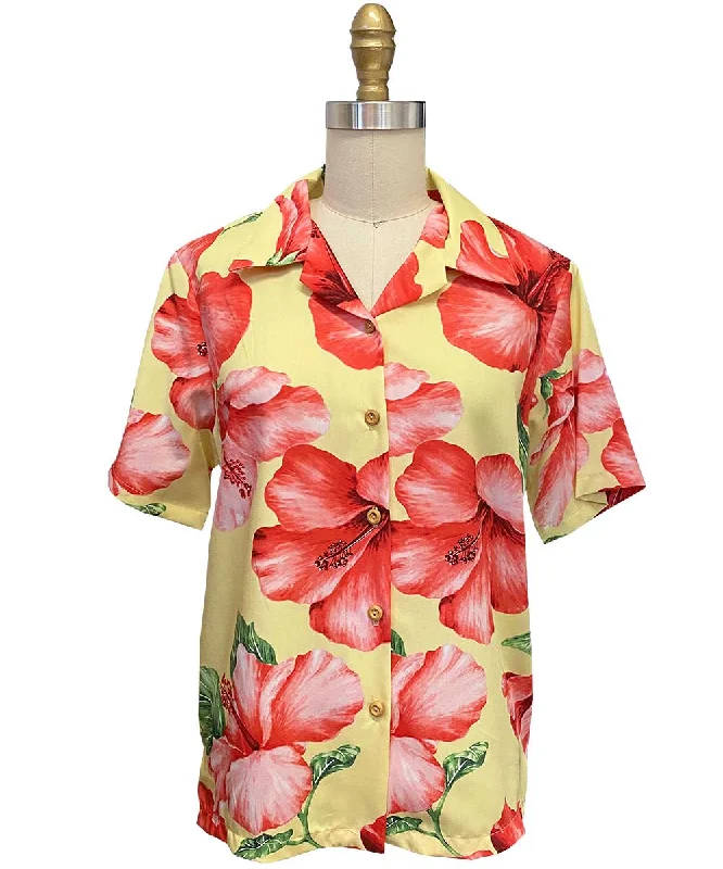 Women's Hibiscus Blossom Yellow Camp Shirt