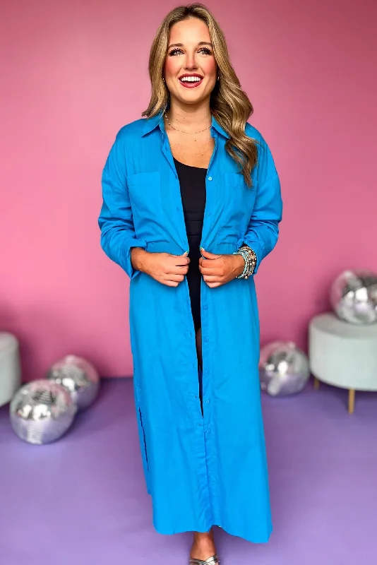 Blue Collared Button Down Side Slit Cover Up Shirt Dress *FINAL SALE*