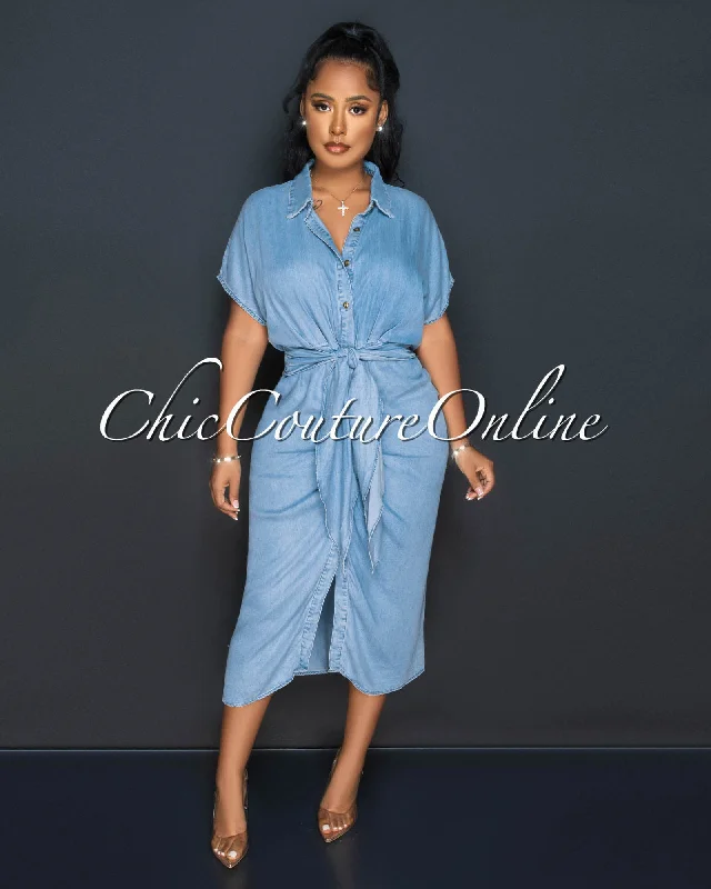 Kadra Light Blue Draped Front Buttons Shirt Chambray Dress