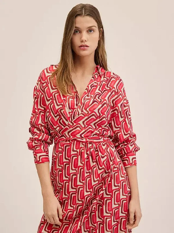 Mango Chain Print Cross Waist Shirt Dress Red/Multi Size UK 10 **** V459