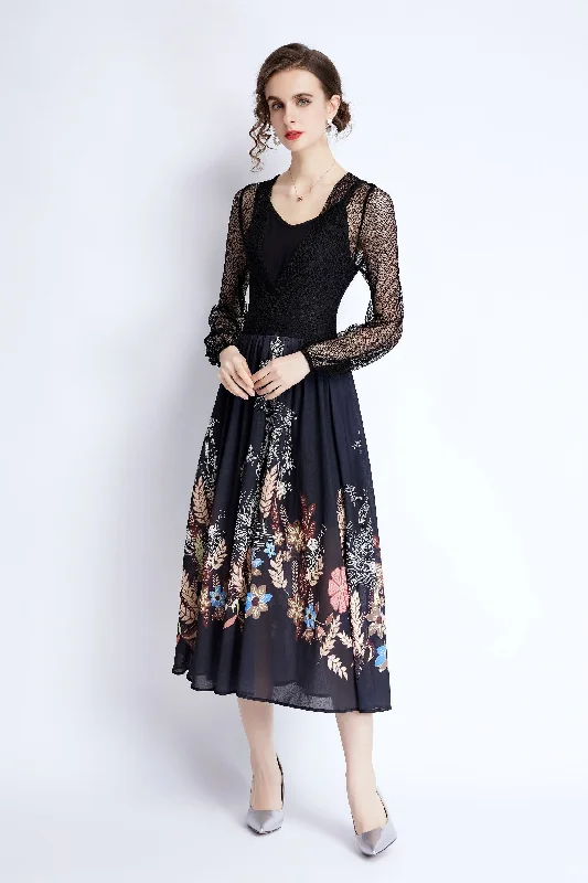 Black & Navy & Floral print Cocktail A-line Crewneck Long Sleeve Midi Printed Dress