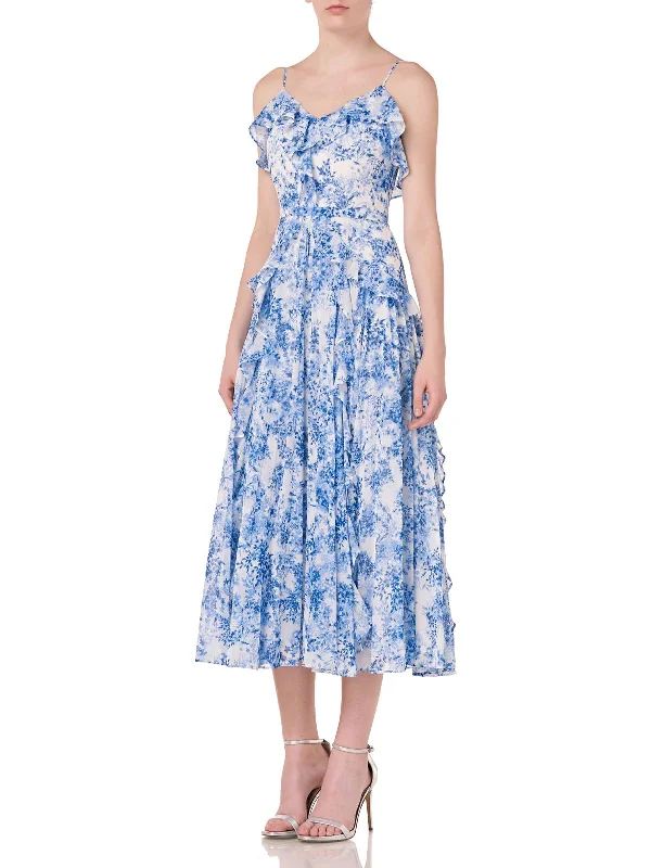 Womens Floral Print Ruffled Midi Dress